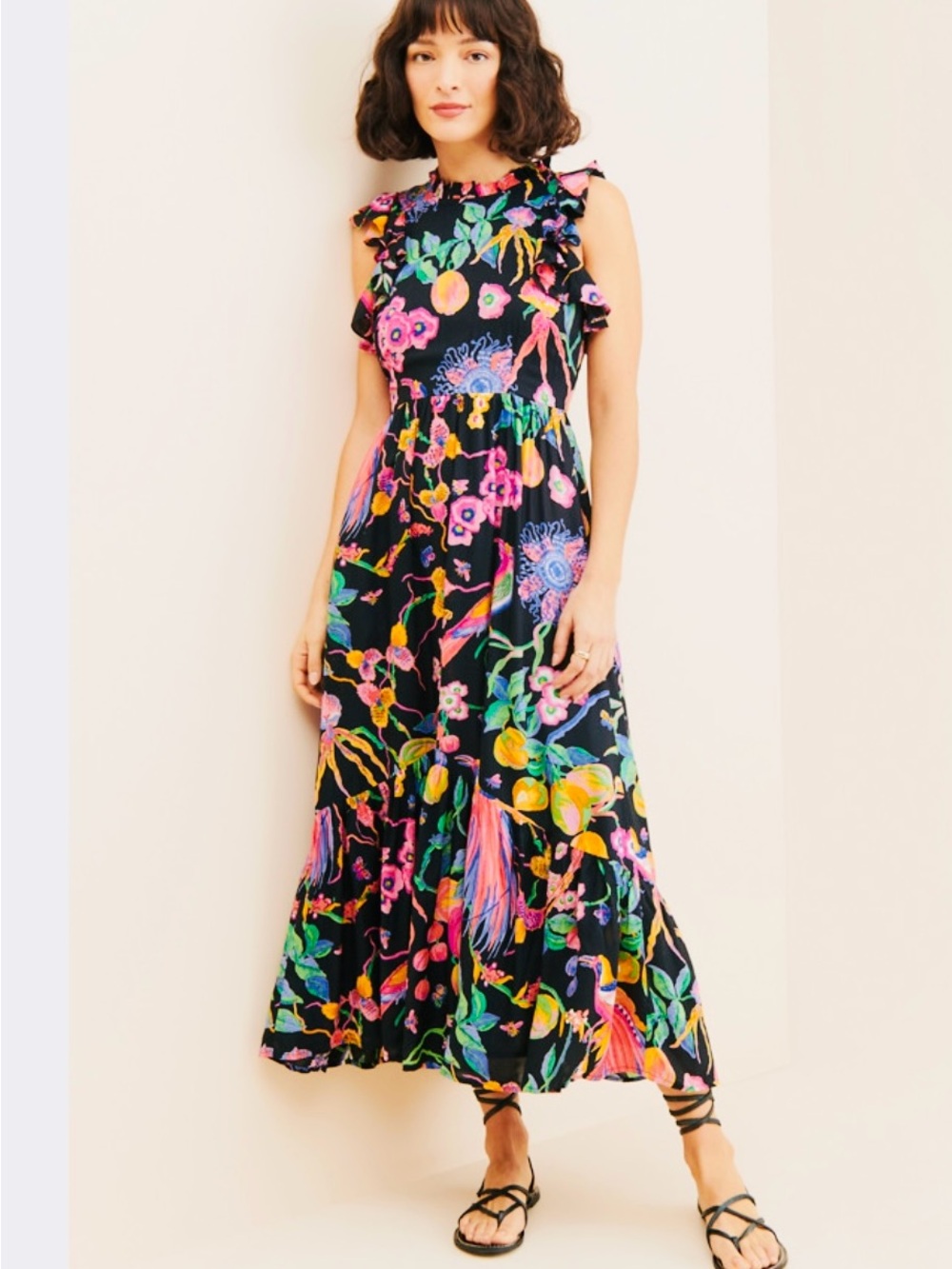 Banjanan Black Maxi Dress with Neon Floral and Citrus Print